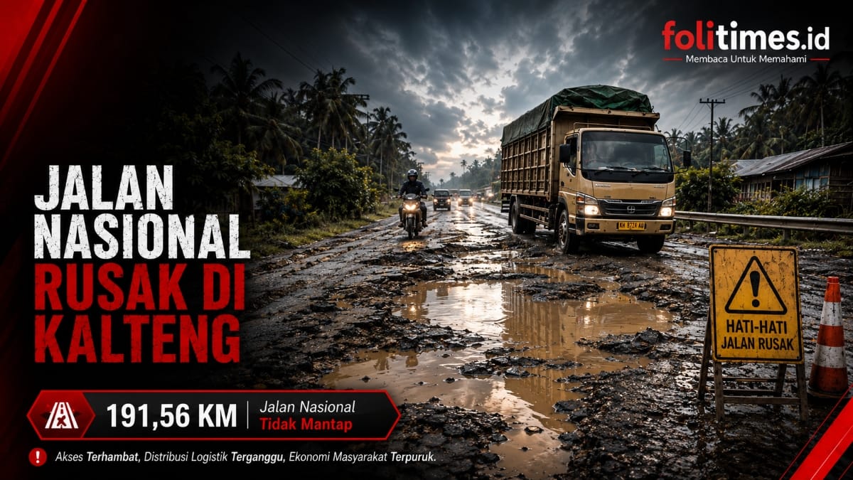 Thumbnail berita jalan nasional rusak di Kalteng dengan visual jalan berlubang, truk, motor, dan data 191,56 kilometer jalan tidak mantap