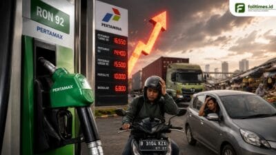 Ilustrasi kenaikan harga Pertamax dengan antrean kendaraan, pompa BBM, dan grafik harga naik