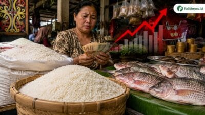 Ilustrasi pedagang pasar menghitung uang di antara beras dan ikan nila sebagai simbol tekanan inflasi pangan di Kalimantan Tengah.