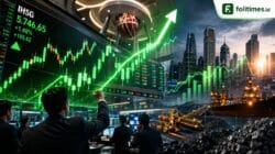 Ilustrasi IHSG menguat dengan grafik saham hijau, layar perdagangan bursa, dan sektor komoditas