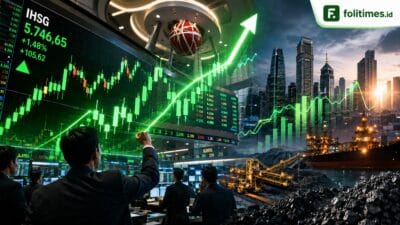 Ilustrasi IHSG menguat dengan grafik saham hijau, layar perdagangan bursa, dan sektor komoditas