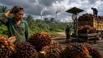 Ilustrasi petani sawit di dekat tumpukan TBS, truk angkut, timbangan, dan pabrik kelapa sawit di Kalimantan Tengah.