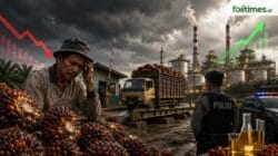 Ilustrasi petani sawit terdampak penurunan harga TBS, truk pengangkut sawit, pabrik kelapa sawit, aparat kepolisian, dan grafik harga CPO naik
