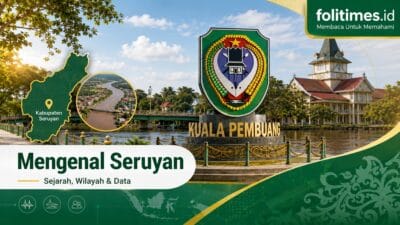 mengenal Kabupaten Seruyan dengan latar Kuala Pembuang, sungai, peta wilayah, dan ikon daerah