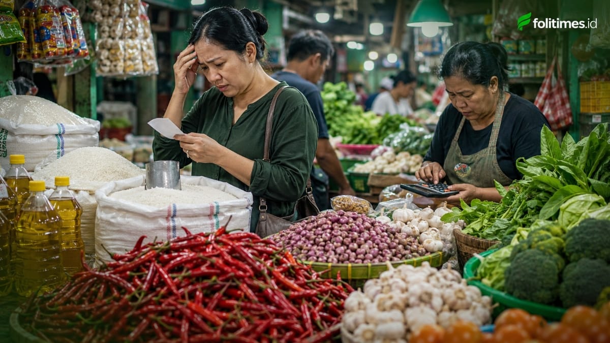 Warga berbelanja bahan pokok di pasar tradisional saat harga pangan mengalami kenaikan