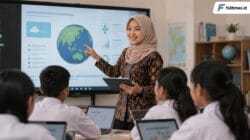 Guru mengajar di kelas menggunakan layar digital dan perangkat pembelajaran