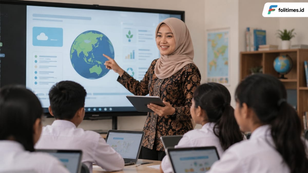 Guru mengajar di kelas menggunakan layar digital dan perangkat pembelajaran