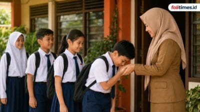 Guru menyambut siswa di koridor sekolah sebagai bagian dari pendidikan karakter