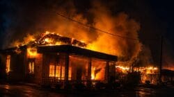 kantor dan mess PT Agrinas Palma Nusantara di Labuhanbatu Utara yang dibakar massa setelah warga meninggal dunia. Foto Ist