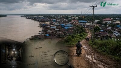 lustrasi permukiman warga Mengkatip di tepian sungai dengan akses jalan terbatas dan sorotan dokumen anggaran kepastian listrik 24 jam