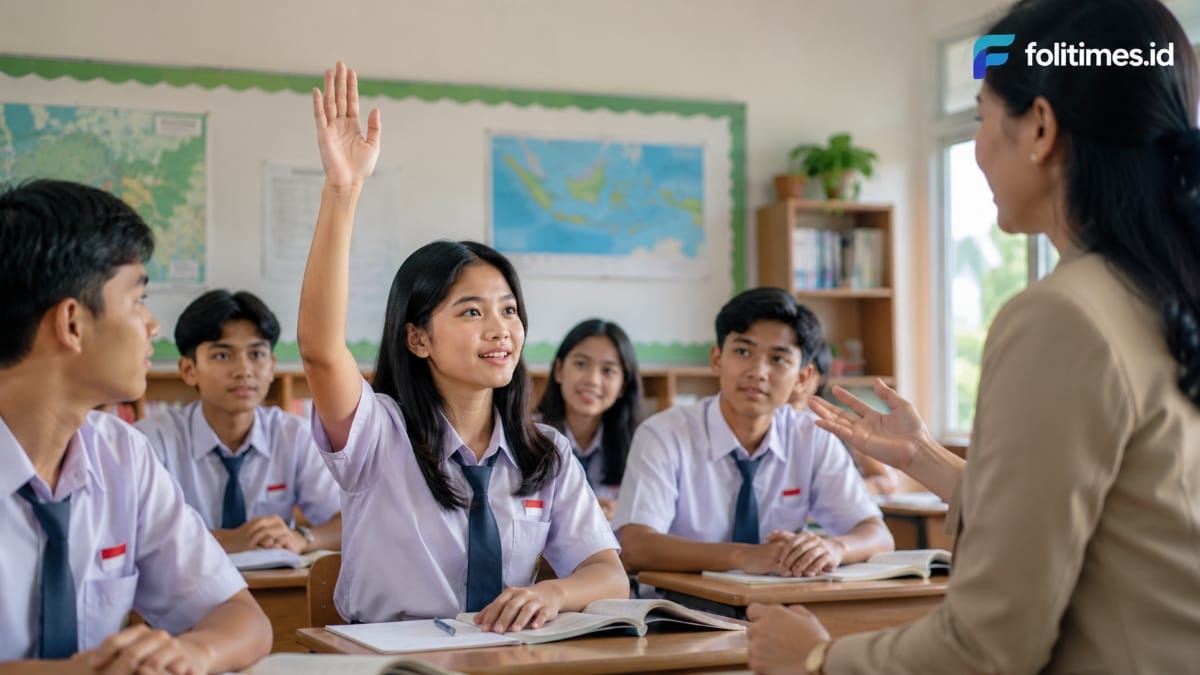 Siswa mengangkat tangan untuk bertanya kepada guru di kelas