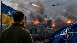 Asap membubung di Kyiv setelah gelombang serangan rudal dan drone Rusia, memicu tekanan baru terhadap NATO soal pertahanan udara Ukraina.