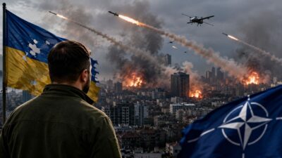 Asap membubung di Kyiv setelah gelombang serangan rudal dan drone Rusia, memicu tekanan baru terhadap NATO soal pertahanan udara Ukraina.
