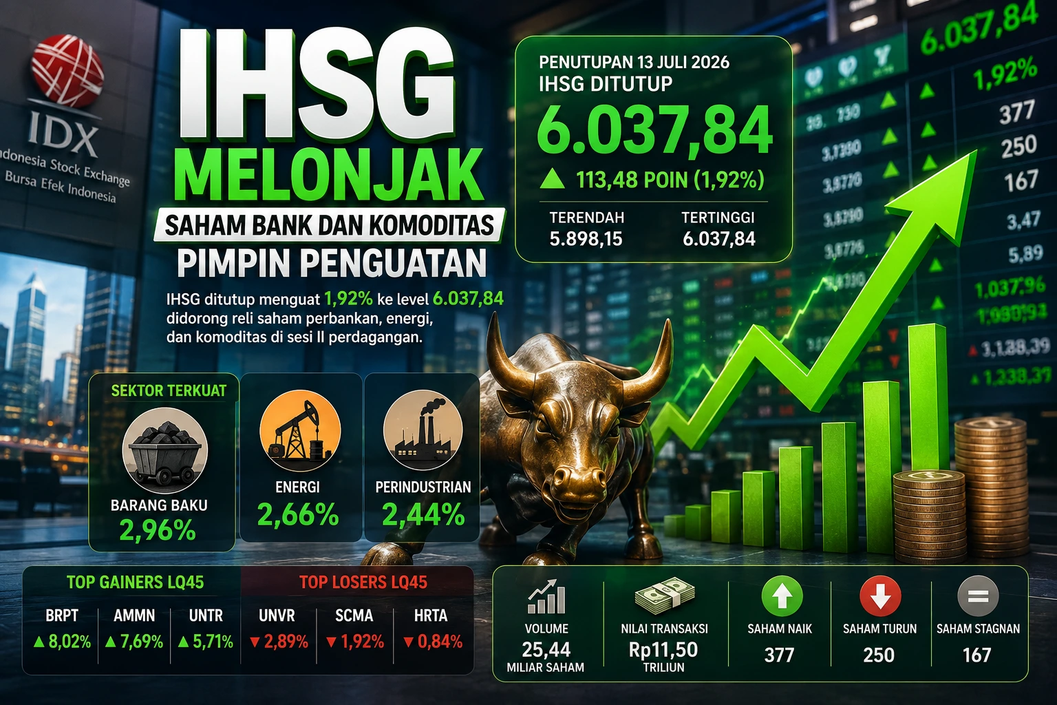 IHSG ditutup menguat 1,92 persen ke level 6.037,84, ditopang saham perbankan, energi, barang baku, dan industri.