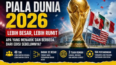 Ilustrasi Piala Dunia 2026. Format 48 tim, tiga negara tuan rumah, babak 32 besar, dan 104 pertandingan membuat turnamen tahun ini lebih besar, lebih meriah, sekaligus lebih rumit dibanding edisi sebelumnya