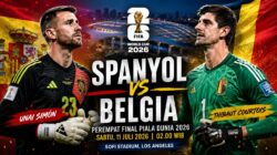 Ilustrasi duel Spanyol vs Belgia pada perempat final Piala Dunia 2026. Kedua tim berebut satu tiket menuju semifinal.