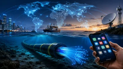 Ilustrasi kabel serat optik bawah laut yang menjadi tulang punggung internet global, menghubungkan pusat data dan miliaran pengguna