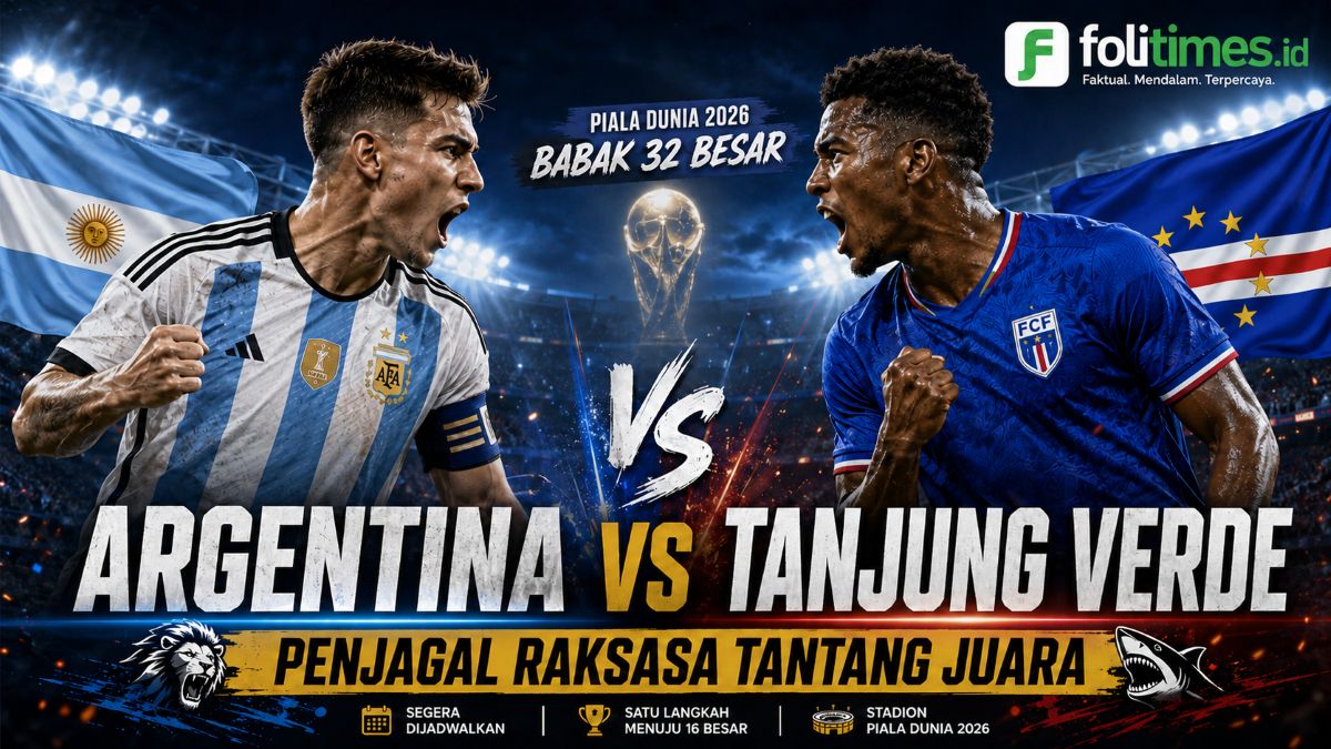 Ilustrasi laga Argentina melawan Tanjung Verde pada babak 32 besar Piala Dunia 2026. Argentina datang sebagai favorit, sementara Tanjung Verde membawa ancaman kejutan sebagai penjagal raksasa. (Ilustrasi/folitimes.id)