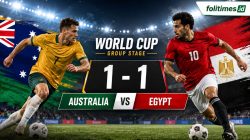Ilustrasi laga Australia melawan Mesir pada babak 32 besar Piala Dunia 2026 yang berakhir imbang 1-1 hingga waktu normal. (Ilustrasi/folitimes.id)