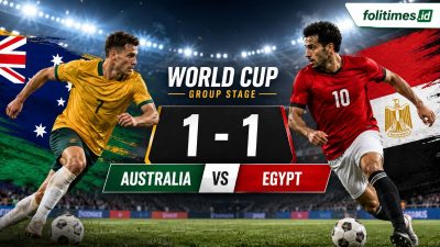 Ilustrasi laga Australia melawan Mesir pada babak 32 besar Piala Dunia 2026 yang berakhir imbang 1-1 hingga waktu normal. (Ilustrasi/folitimes.id)