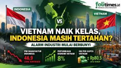 **Keterangan Foto:** **Ilustrasi perbandingan perkembangan industri dan pertumbuhan ekonomi Indonesia dengan Vietnam. Sejumlah ekonom menilai keberhasilan Vietnam menjadi negara berpendapatan menengah atas didorong oleh industrialisasi yang konsisten dan kebijakan investasi berorientasi ekspor, sementara Indonesia dinilai masih menghadapi tantangan dalam memperkuat sektor manufaktur.** *(Ilustrasi: Folitimes.id/AI)* **Alternatif yang lebih singkat:** **Ilustrasi perbandingan ekonomi Indonesia dan Vietnam. Vietnam resmi masuk kategori negara berpendapatan menengah atas, sementara Indonesia didorong mempercepat transformasi industri untuk meningkatkan daya saing.** *(Ilustrasi: Folitimes.id)*