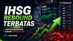 Ilustrasi pergerakan IHSG pada perdagangan Rabu, 1 Juli 2026. Indeks berbalik menguat terbatas, sementara sejumlah sektor dan saham masih bergerak volatil. (Ilustrasi folitimes.id)