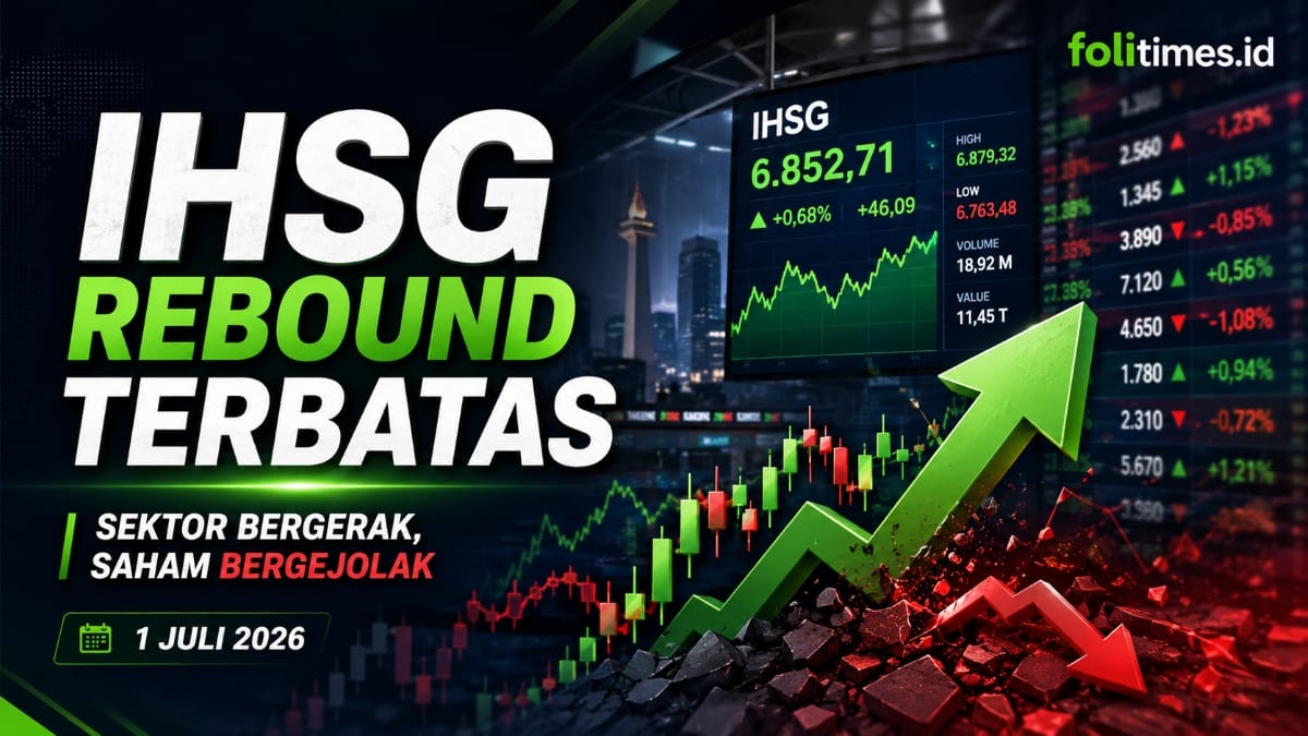 Ilustrasi pergerakan IHSG pada perdagangan Rabu, 1 Juli 2026. Indeks berbalik menguat terbatas, sementara sejumlah sektor dan saham masih bergerak volatil. (Ilustrasi folitimes.id)