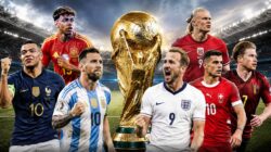 Ilustrasi persaingan delapan negara tersisa menuju semifinal Piala Dunia 2026 dengan sorotan pada perebutan trofi juara dunia.