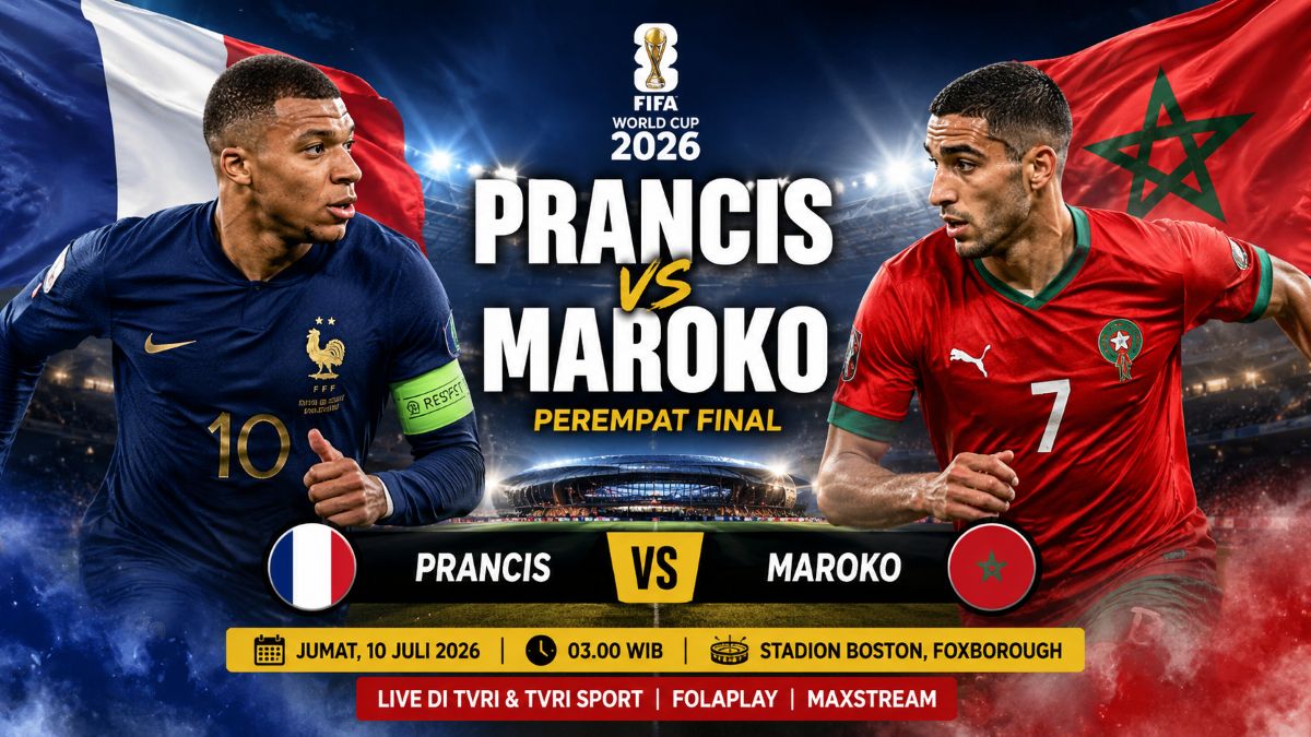 Ilustrasi pertandingan Prancis melawan Maroko pada babak perempat final Piala Dunia 2026