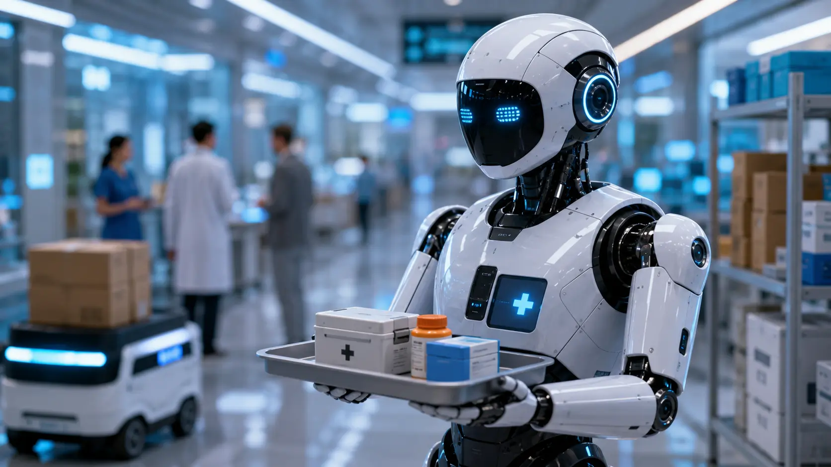 Ilustrasi robot cerdas berbasis kecerdasan buatan yang mulai mendukung layanan kesehatan, industri, logistik, dan kehidupan modern
