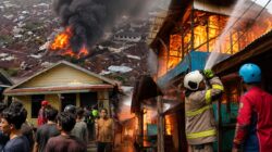 Kobaran api melahap puluhan rumah di Gang Sari 45, Kelurahan Pahandut, Palangka Raya, petugas dan relawan berjibaku memadamkan kebakaran. foto IST