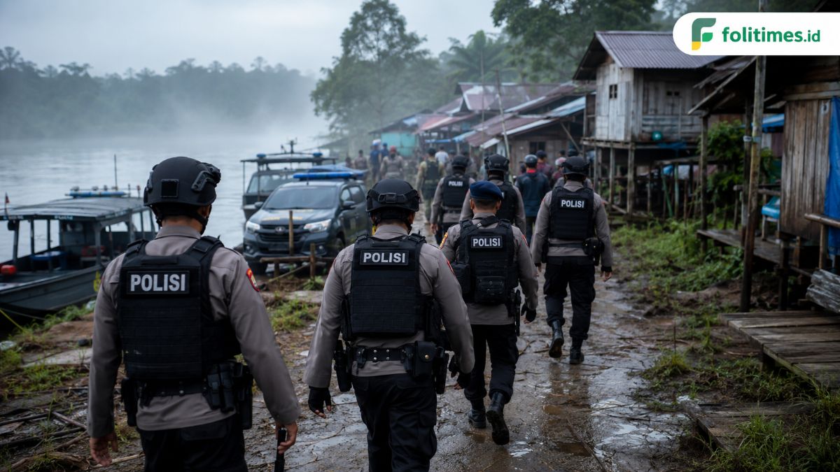 Pasukan kepolisian saat memperketat pengamanan lokasi pascakejadian di Desa Tumbang Kalemei, Kecamatan Katingan Tengah, Kabupaten Katingan. Foto Ilustrasi folitimes.id