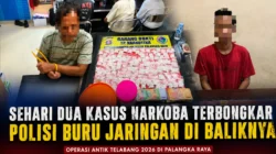 Satresnarkoba Polresta Palangka Raya memperlihatkan dua tersangka beserta barang bukti narkotika hasil Operasi Antik Telabang 2026.