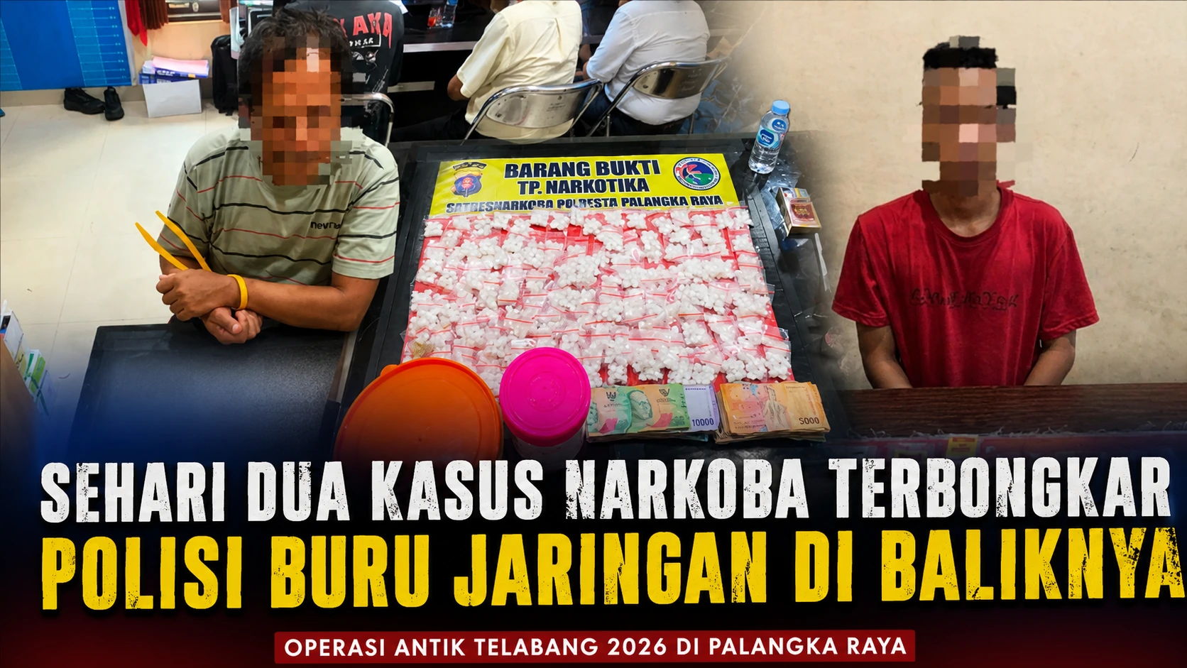 Satresnarkoba Polresta Palangka Raya memperlihatkan dua tersangka beserta barang bukti narkotika hasil Operasi Antik Telabang 2026.