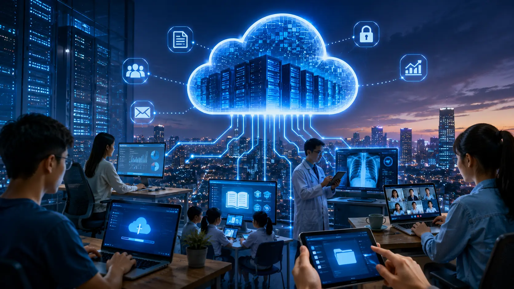 komputasi awan yang menghubungkan pusat data, layanan digital, dan pengguna melalui jaringan internet yang aman dan fleksibel
