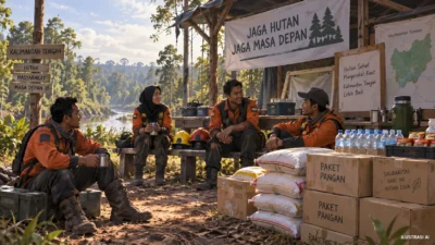 Ilustrasi AI dukungan logistik dan waktu istirahat relawan karhutla.