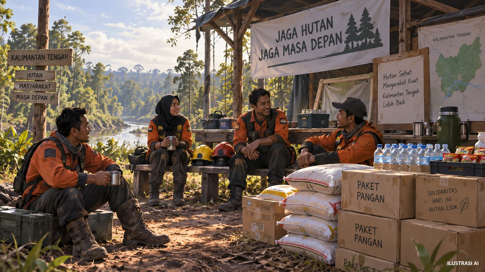 Ilustrasi AI dukungan logistik dan waktu istirahat relawan karhutla.
