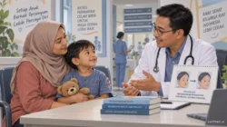 Ilustrasi AI konsultasi dokter dengan anak dan orang tua; bukan pasien sebenarnya.