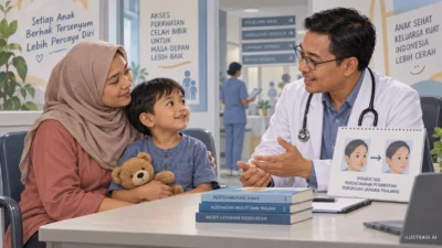 Ilustrasi AI konsultasi dokter dengan anak dan orang tua; bukan pasien sebenarnya.