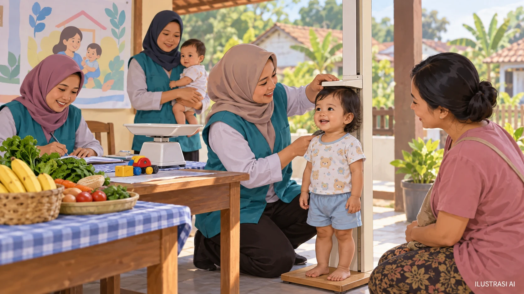 Ilustrasi AI kader Posyandu memantau pertumbuhan balita bersama orang tua.