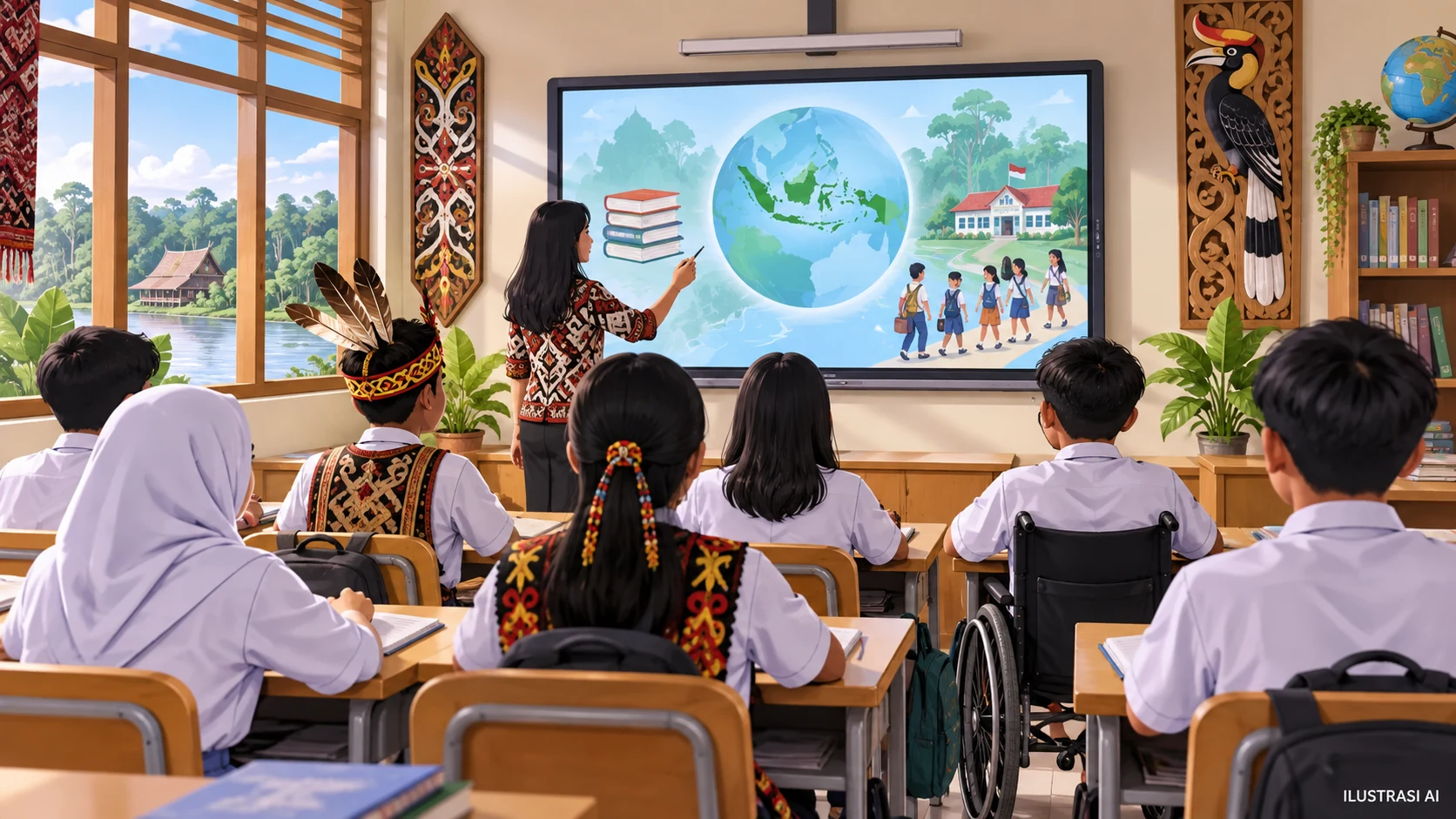 Ilustrasi AI pemerataan akses pembelajaran dan fasilitas sekolah.