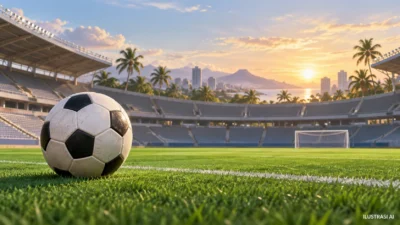 Ilustrasi AI lapangan sepak bola dan harapan kembali bermain di kandang, bukan Stadion Tuah Pahoe.