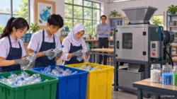 Ilustrasi AI pemilahan plastik dan bengkel inovasi sekolah, bukan mesin proyek yang sebenarnya.