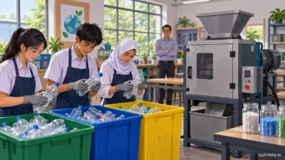 Ilustrasi AI pemilahan plastik dan bengkel inovasi sekolah, bukan mesin proyek yang sebenarnya.