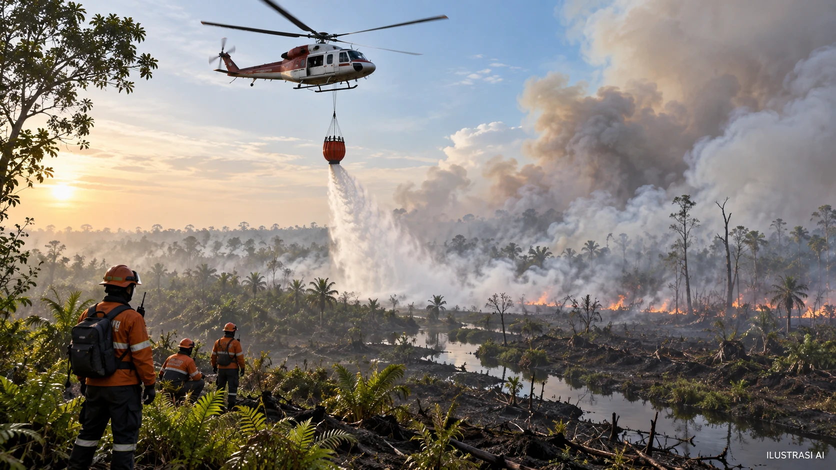 Ilustrasi AI dukungan helikopter dan petugas darat dalam penanganan karhutla.