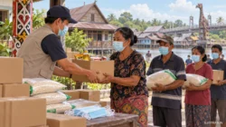Ilustrasi AI penyaluran paket pangan dan masker kepada masyarakat.