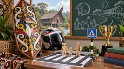 Ilustrasi AI tema budaya Talawang dan pendidikan keselamatan lalu lintas, bukan bentuk asli karya pemenang.