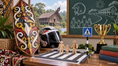 Ilustrasi AI tema budaya Talawang dan pendidikan keselamatan lalu lintas, bukan bentuk asli karya pemenang.