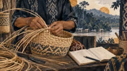 Ilustrasi AI perajin menganyam rotan untuk artikel Kadin Kalteng dan akses program bagi pengusaha.
