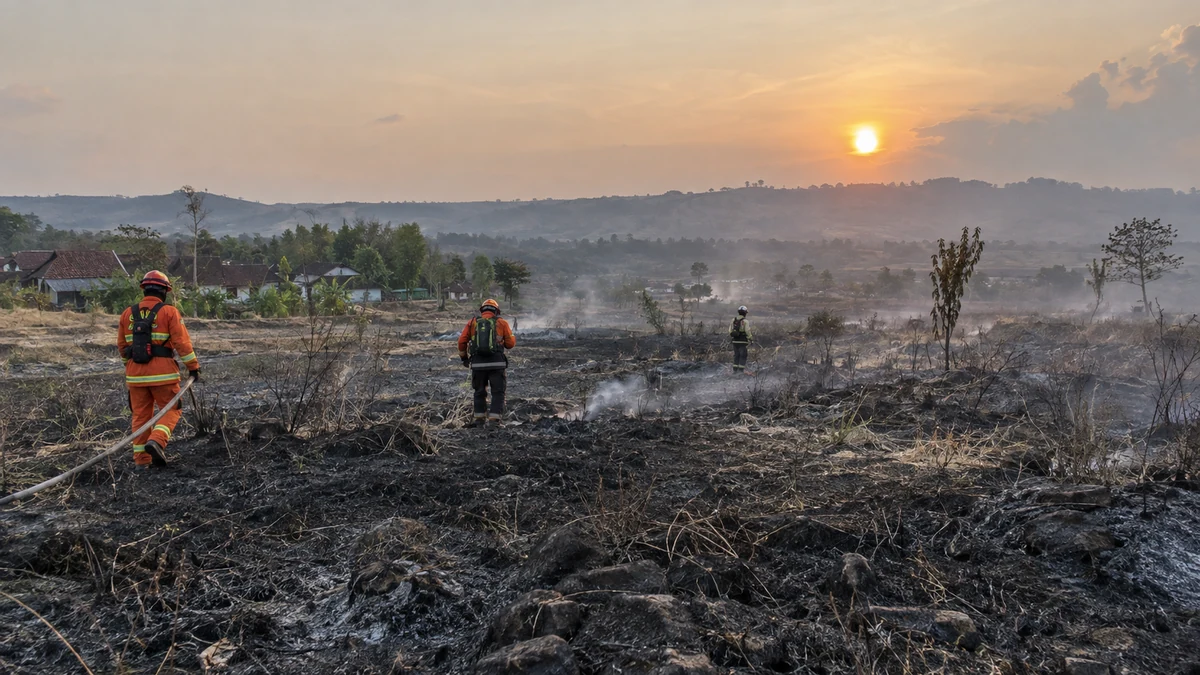 Ilustrasi petugas memeriksa lahan kering yang hangus terbakar di Tuban.